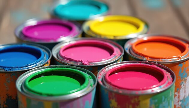 Assorted paint cans filled vivid color liquids. Colorful paints include turquoise pink yellow orange and green. Close up view paint tins placed on wooden surface. Art supplies background.