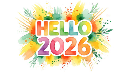 Fototapeta premium Hello 2026 Rainbow Watercolor Greeting with Floral Accents on White Background