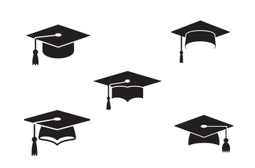 Graduation Cap Silhouette Vector Icon Set. Academic Hat, Education, University, Achievement Symbol Design.