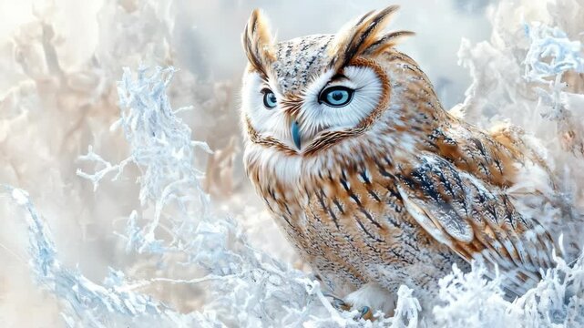Snow owl standing in snow with fluffed feathers. White and gray plumage contrasting against blue background of snow.