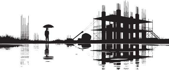 Naklejka premium Black silhouette of a construction site with rebar and scaffolding reflected in water under an umbrella