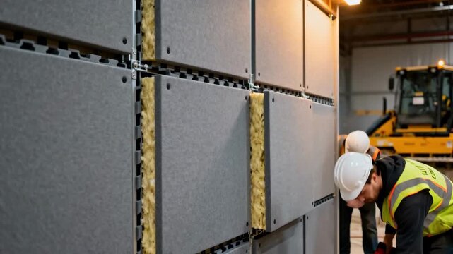 Workers adjusting modular soundproof panels in a medium shot focusing on the innovative setup to control and limit construction noise impact.