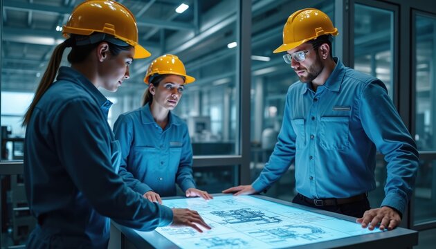 Team of engineers in hard hats review complex machinery blueprints on glowing digital table. Workers collaborate on project in modern factory office. People discuss plans for industrial production.