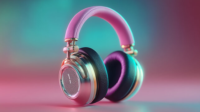 headphones, teal and gray colors, vibrant pink and blue background, modern aesthetic, stylish design, suitable for music promotion, tech reviews, online advertising, social media graphics