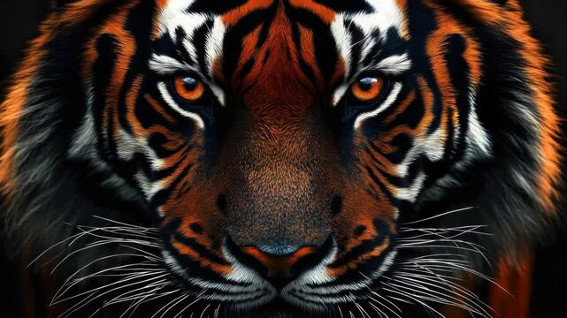 A tiger with a red nose and orange eyes. The tiger is looking directly at the camera. The tiger has a black stripe on its face