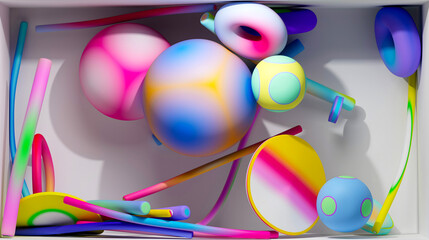 3d render of abstract art with surreal geometry figures as spheres, balls, rings, torus, pipes, sticks, in soft rubber plastic material in a mix of colorful gradients inside a white box