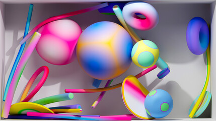 3d render of abstract art with surreal geometry figures as spheres, balls, rings, torus, pipes, sticks, in soft rubber plastic material in a mix of colorful gradients inside a white box