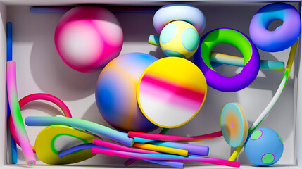 3d render of abstract art with surreal geometry figures as spheres, balls, rings, torus, pipes, sticks, in soft rubber plastic material in a mix of colorful gradients inside a white box