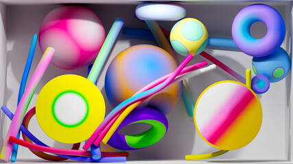 3d render of abstract art with surreal geometry figures as spheres, balls, rings, torus, pipes, sticks, in soft rubber plastic material in a mix of colorful gradients inside a white box