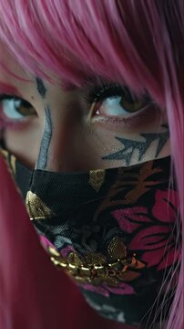 Close Up on Face of Terrifying Pink Unicorn Girl with Pink Hair, Full Face Tattoos, and Golden Grillz at Night