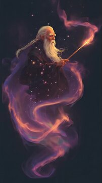Wise Old Man Floating in Air Holding Iridescent Wand with Swirling Purple and Orange Colors Forming Glowing Trail Against Dark Background