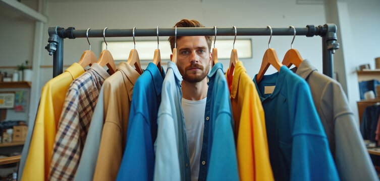 Man standing behind clothing rack with various shirts in different colors. Fashion designer stylist surrounded by clothes in workshop office. Male person selecting deciding on shirts for production