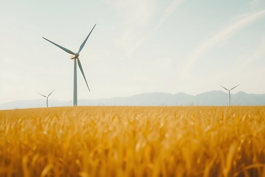 Generative AI wind turbines in golden wheat fields.
