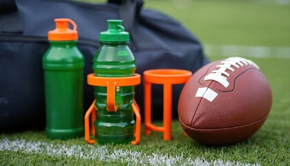 American football on green grass field with water bottles and sport bag. Team prepare for game, coaches plan strategy and hydrate during training. It is youth league practice.