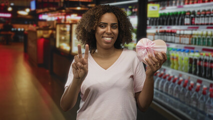 Woman wearing pink shirt holds heart gift box in right hand and shows two fingers with left hand in building aisle; love celebration happiness.