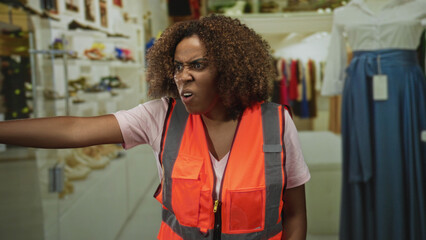 Woman points finger and shouts in shop wearing orange safety vest and pink tshirt, young technician...