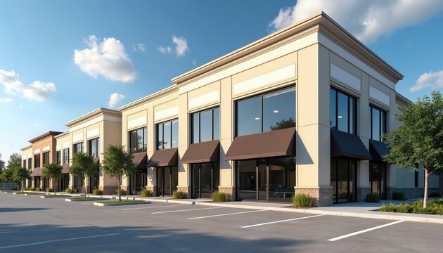Modern commercial building facade with empty storefronts and awnings. New retail spaces with large windows await tenants. Parking lot in front, trees line sidewalk.