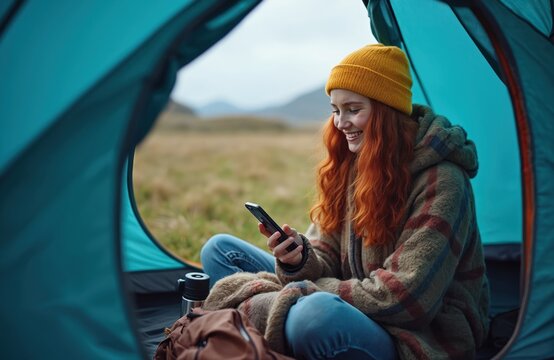 Young woman with red hair smiles while using smartphone inside tent. She wears a beanie and warm jacket, comfortable for outdoor travel. Backpack and thermos nearby.