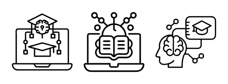 Online education and ai learning concept showing graduation cap brain and laptop for e learning