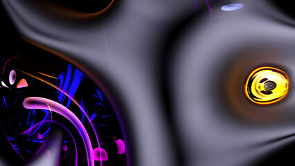 3d render of abstract art 3d background with part of surreal alien flower in a curved, wavy smooth and soft organic lines forms in translucent rubber plastic material with glossy glass parts in yellow