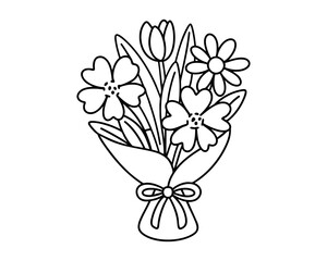 Black outline bouquet with tulips and daisies tied by ribbon bow, elegant floral vector illustration for greeting cards, wedding invitations, spring decor, feminine logo or romantic design