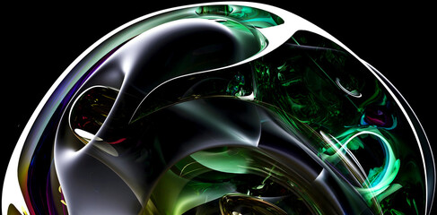 3d render with part of the surreal alien spherical ball flower in curved wavy organic lines in round shapes in plastic and glass material in green and yellow gradient color on black
