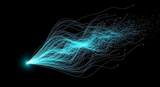 Abstract glowing blue light particles flowing and swirling on black background