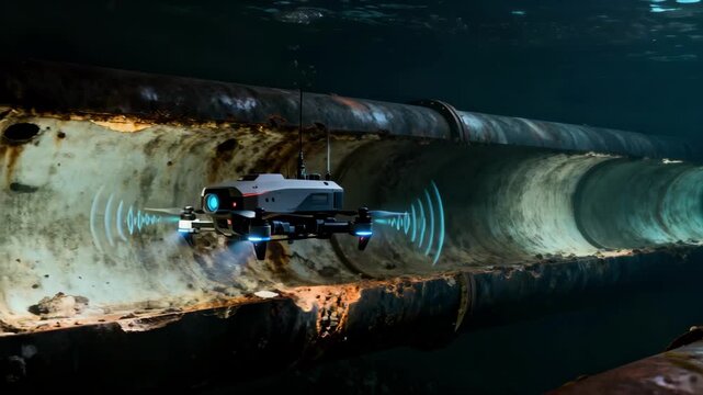 Sonarequipped robotic drones navigating dark submerged pipe sections in medium shot using sound waves to map internal pipe conditions and detect corrosion.