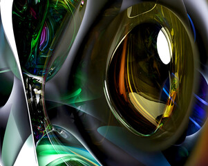 3d render with part of the surreal alien spherical ball flower in curved wavy organic lines in round shapes in plastic and glass material in green and yellow gradient color on black