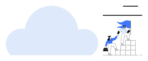 Two characters in coordinated effort, leader aiding climber on stacked blocks with a blue cloud. Ideal for teamwork, leadership, support, achievement, collaboration, cloud technology, simple flat