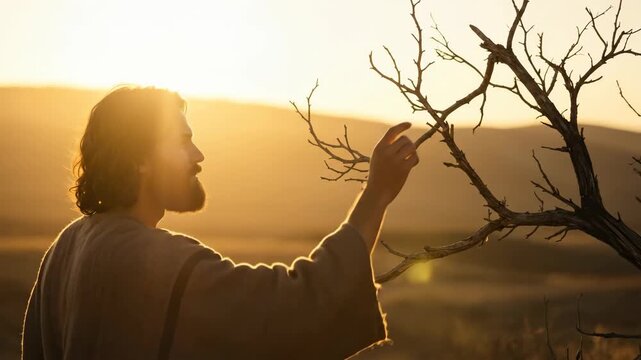 Jesus touches a bare tree branch, symbolizing the parable of the withered fig tree, at sunset in the desert landscape of the Judean land.