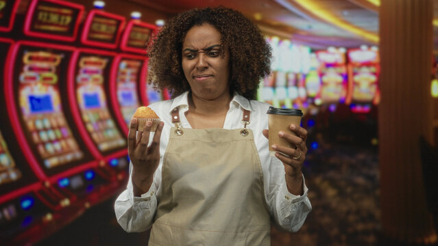Woman baker in apron holds muffin and paper coffee cup while grimacing in casino; tasting failure disgust.