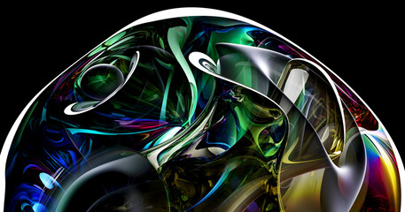 3d render with part of the surreal alien spherical ball flower in curved wavy organic lines in round shapes in plastic and glass material in green and yellow gradient color on black