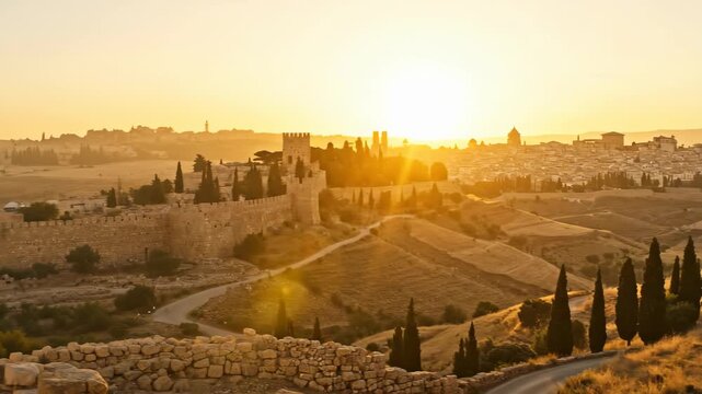 Man gazing at the ancient city of Jerusalem during sunset. Biblical prophet looking over Israeli walls for religious history and spirituality.