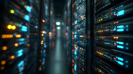 Close-up of illuminated server racks in a high-tech data center, representing cloud computing, networking, and cybersecurity. Ideal for IT, security, and infrastructure themes