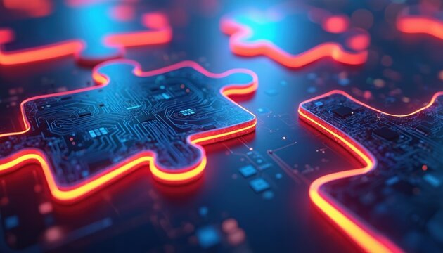 Abstract puzzle pieces with glowing red edges lie on dark blue circuit board background. Digital circuit patterns visible on puzzle surfaces, suggesting tech connection, data flow. Represents