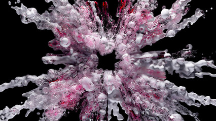 3d high‑resolution CGI render of a dynamic pink and white liquid splash against a dark backdrop. Abstract particle and fluid art ideal for modern design, backgrounds, or digital branding materials