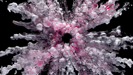 3d high‑resolution CGI render of a dynamic pink and white liquid splash against a dark backdrop. Abstract particle and fluid art is ideal for modern design, backgrounds, or digital branding materials