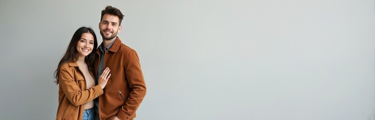 Stylish young couple in autumnal fashion stands close together on plain gray background. Smile warmly at camera, exuding sense of closeness, modern appeal. Man wears brown jacket, woman tan coat.