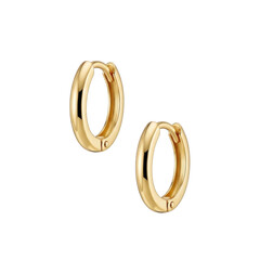 Elegant small gold hoop earrings with a subtle textured finish on a black background