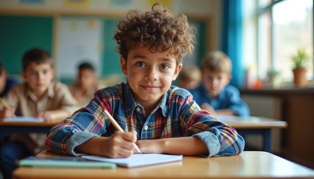 Young boy with curly hair smiles while writing in notebook. Diverse classmates sit at desks in sunlit classroom. Kid uses pencil for schoolwork, learning with focus and engagement.