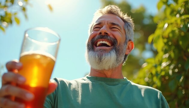 Bearded man laughs holding glass of cold iced tea outdoors. Bright sun shines on happy person enjoying cool beverage in nature. Summertime refreshment brings joy and cheer. - Powered by Adobe