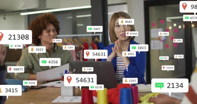 Woman leading design team, causing alert icons flooding frame, peers reacting, showing metrics
