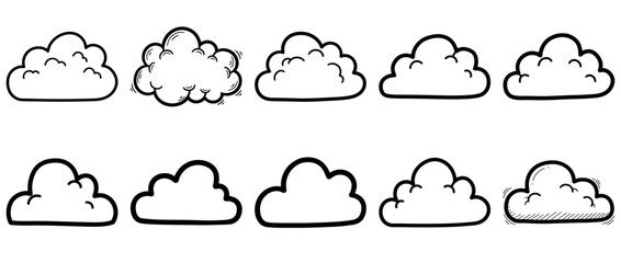 Collection of hand drawn cartoon cloud icons with transparent background, sketch style doodle weather elements for design and illustration use