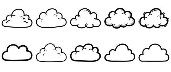 Collection of hand drawn cartoon cloud icons with transparent background, sketch style doodle weather elements for design and illustration use