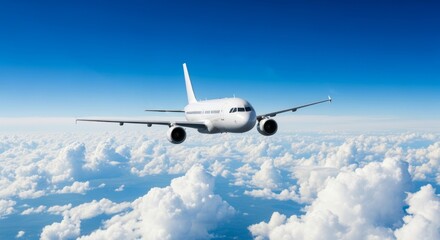 Obraz premium Flying Airplane Over Fluffy White Clouds Against Azure Sky
