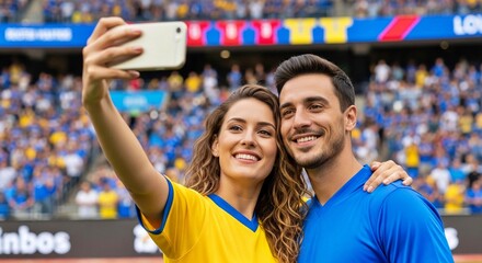Naklejka premium Young couple taking selfie at a football match in team colors 