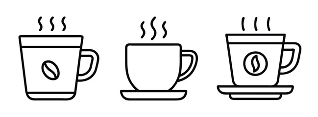Vector drawing of hot coffee cups with steam, coffee beans, and mugs for cafe or restaurant menu