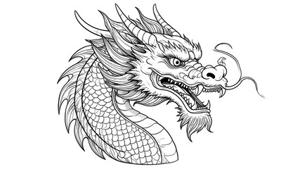 Detailed Line Art Illustration of a Majestic Chinese Dragon Head.