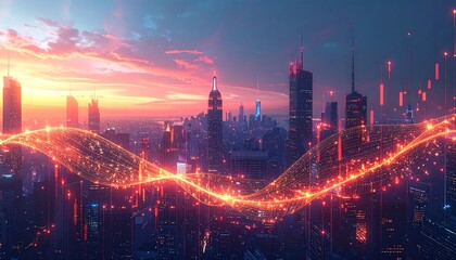 Futuristic Cityscape with Glowing Data Stream at Sunset.